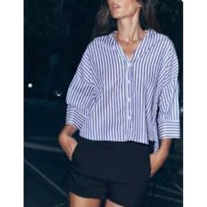 Zara Blue Striped Metallic Cropped Button Sz S up shirt boxy oversized preppy